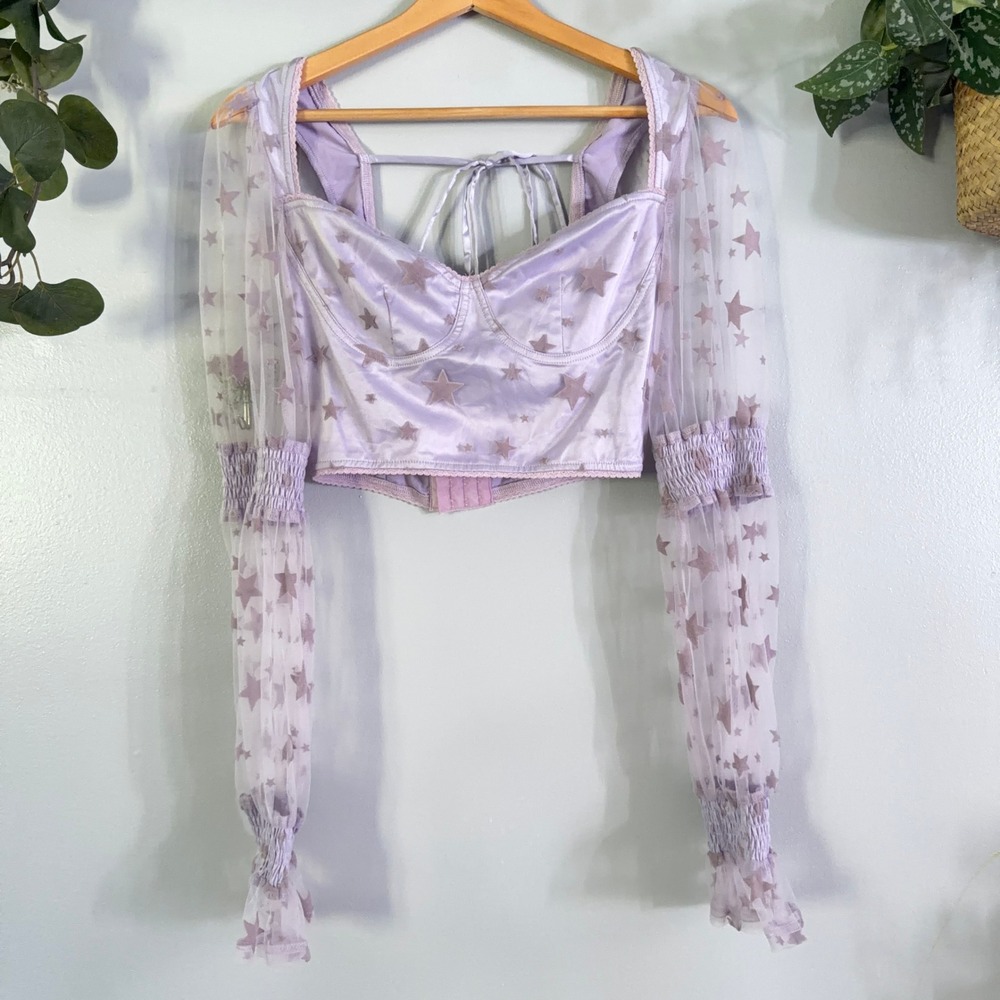 Horoscopez DollsKill Corset Top Celestial Lavender Star Sheer Mesh Wmns S Purple